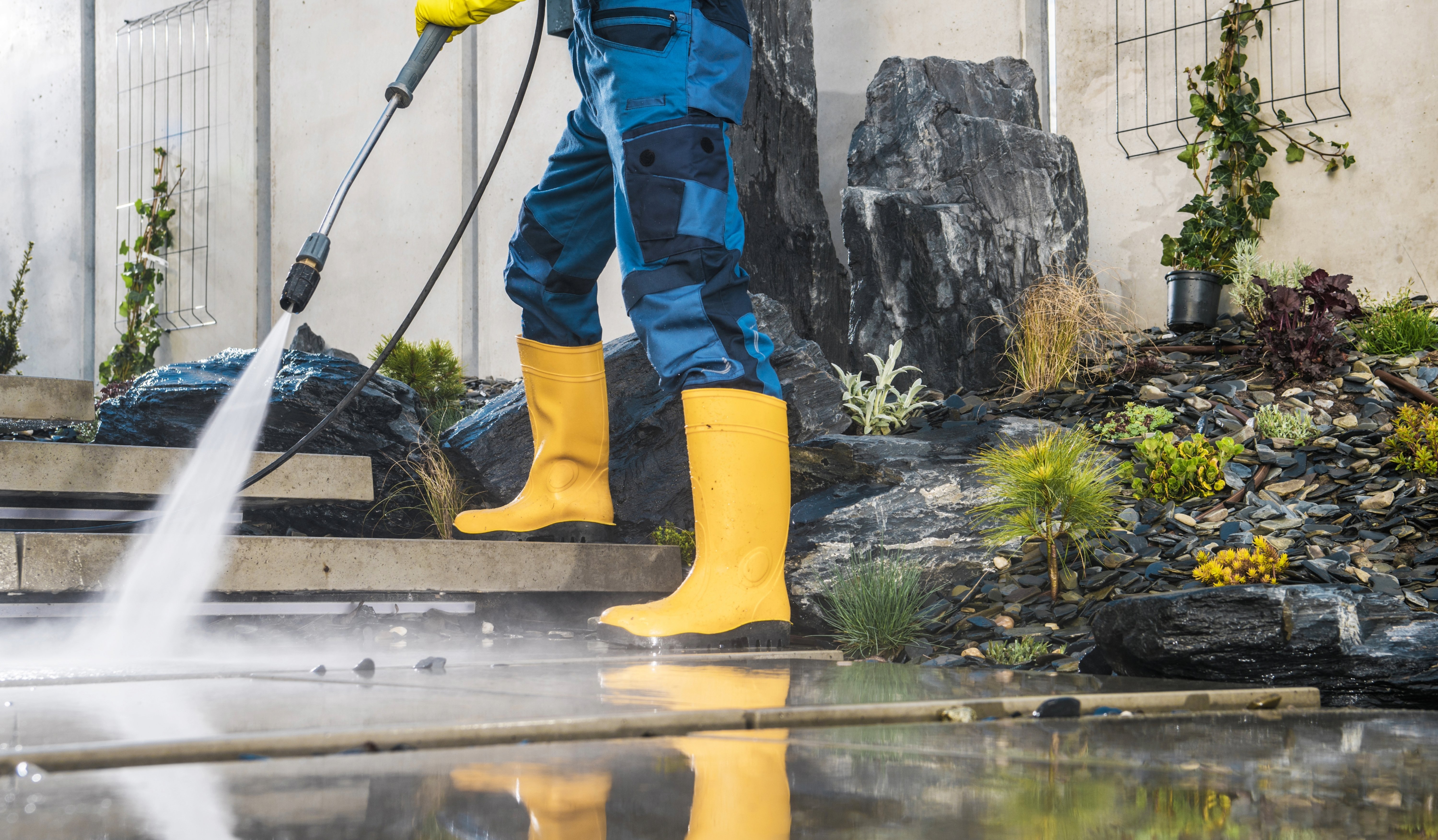 Professional pressure washing technician cleaning residential Scottsdale home exterior with rainbow mist effect